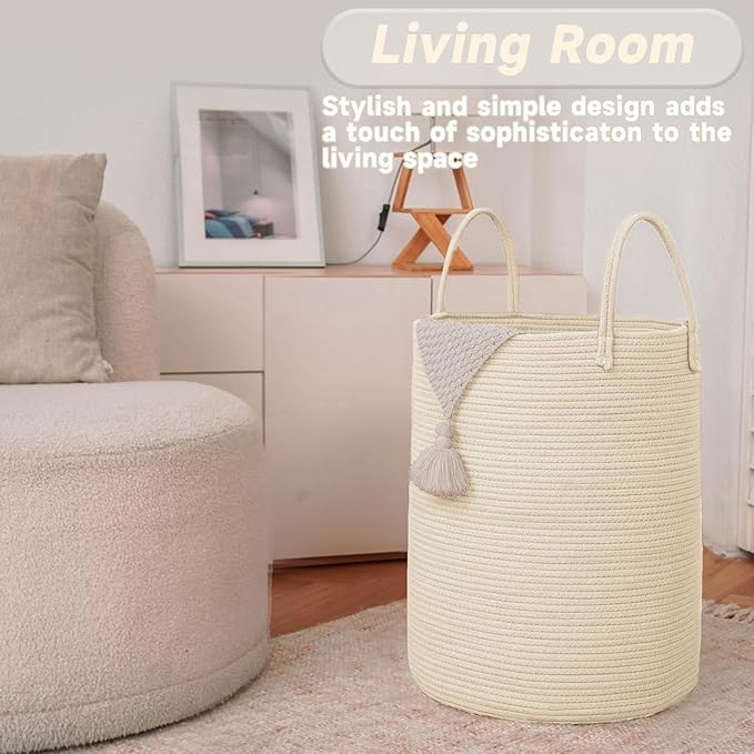 Large Woven Laundry Basket Hamper, 100L Cotton Rope Storage Bin - Image 3
