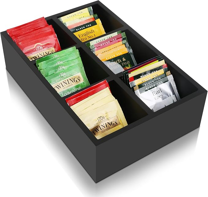 Tea Bag Box Black 6 Compartments Tea Organizer Storage Wood Drawer Station | by HymoConn