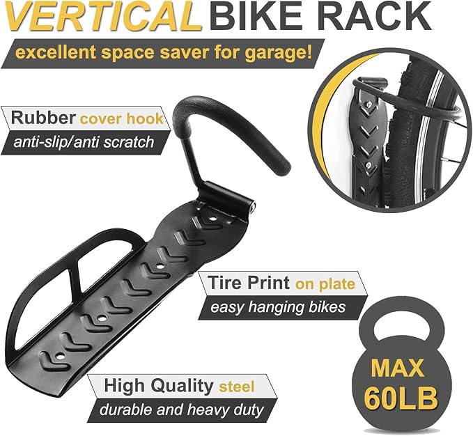 Bike Rack for Garage Wall Mount 4 Pack Vertical Bike Hooks Bicycle Hanging - Image 2