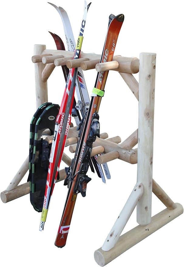 11-Place Freestanding Log Ski Rack Holder, Indoor & Outdoor Snowboard Racks - Image 6