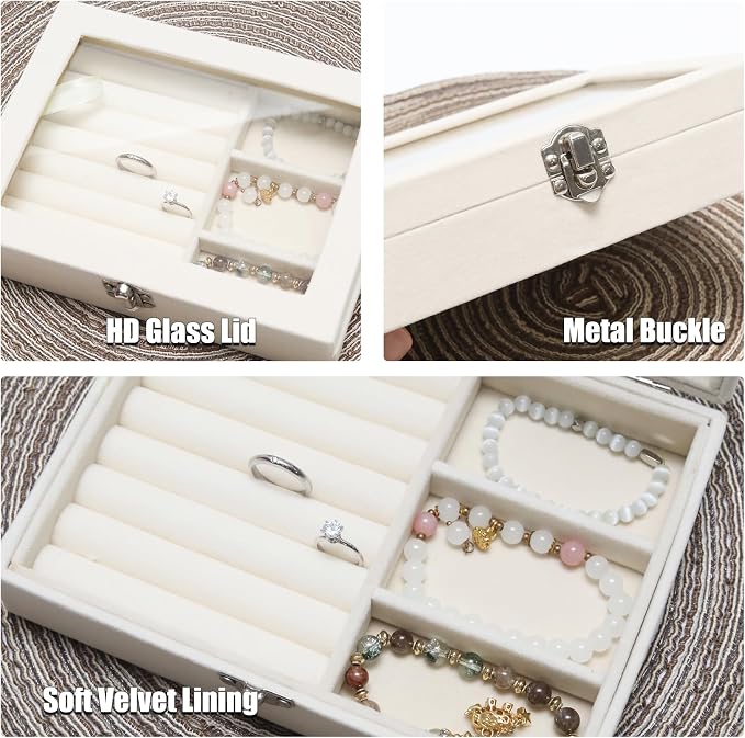 Small Velvet Jewelry Tray with Clear Lid, 2-in-1 Beige | Lockable Ring Earring - Image 3