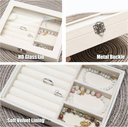 Small Velvet Jewelry Tray with Clear Lid, 2-in-1 Beige | Lockable Ring Earring - Image 3