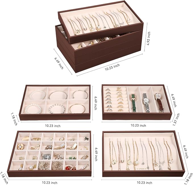 LANDICI Stackable Jewelry Organizer Trays 4 Set, PU Leather Jewelry Organizer - Image 5