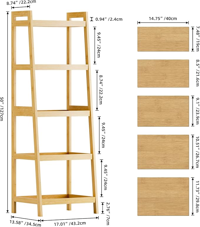 SMIBUY Bamboo Ladder Bookcase, Bathroom Storage Rack Organizer, 4 Tier and 5 - Image 3