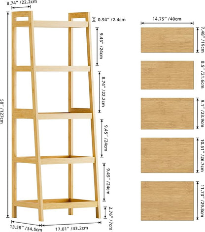 SMIBUY Bamboo Ladder Bookcase, Bathroom Storage Rack Organizer, 4 Tier and 5 - Image 3