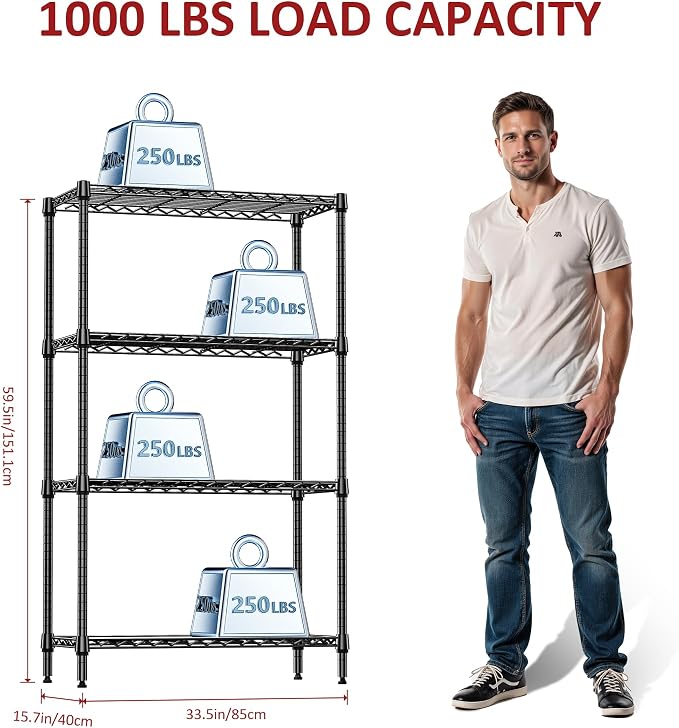 IZEUK 4-Tier Black Metal Storage Shelves, Heavy Duty Adjustable Wire Shelving - Image 3
