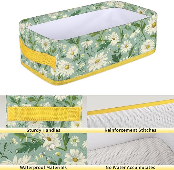 Daisy Green White Flowers Bathroom Storage Basket, Foldable - Image 4