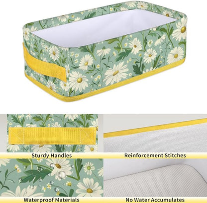 Daisy Green White Flowers Bathroom Storage Basket, Foldable - Image 4