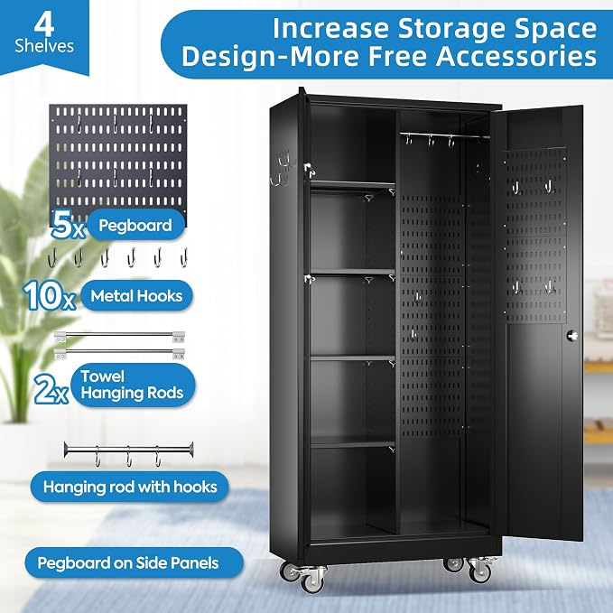 SUXXAN Broom Closet Storage Cabinet with13 Hooks and Hanging Rods, Laundry Room - Image 4