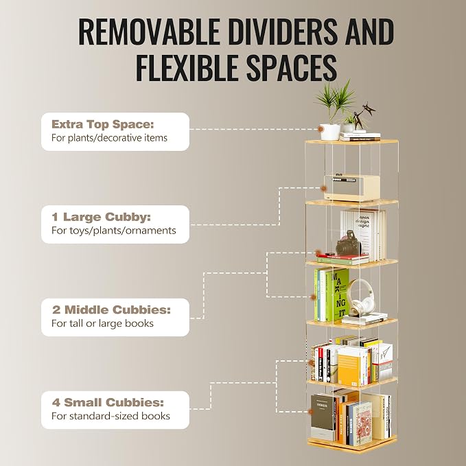 TAKEKIT 5-Tier Rotating Bookshelf, 360° Spinning Book Shelf Tower - Image 8