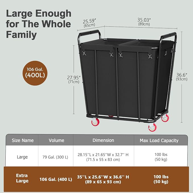 Hoctieon 2 Section Laundry Sorter Cart, 400L Rolling Hamper - Image 9
