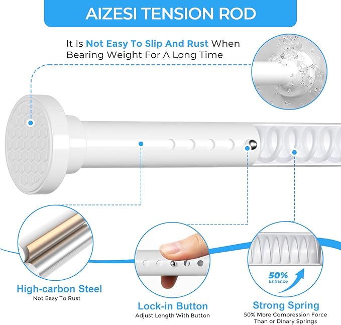 AIZESI Heavy Duty Tension Curtain Rod 40-148" Adjustable No Drill, No Slip - Image 3