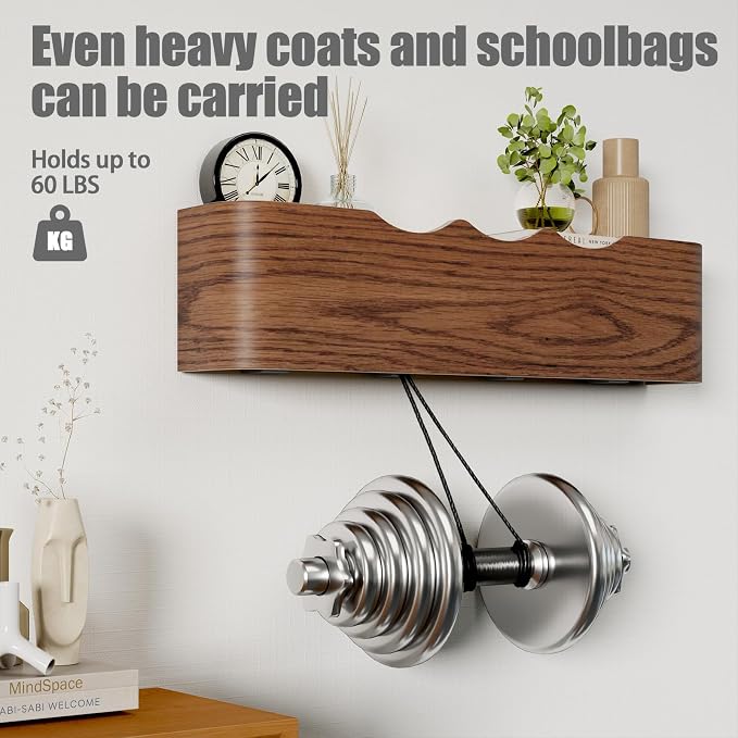 Coat Rack Wall Mount with Shelf 4 Hidden Hooks Modern Wooden Key Holder - Image 4