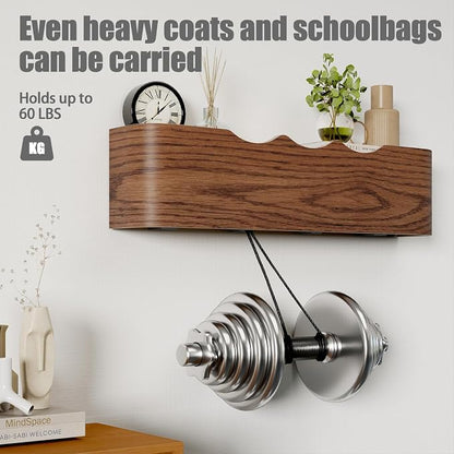 Coat Rack Wall Mount with Shelf 4 Hidden Hooks Modern Wooden Key Holder - Image 4