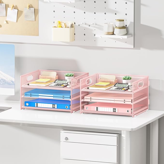 Subekyu 2-Pack 3-Tier Pink Metal Mesh Desk Paper Letter Tray & File Sorter - Image 3