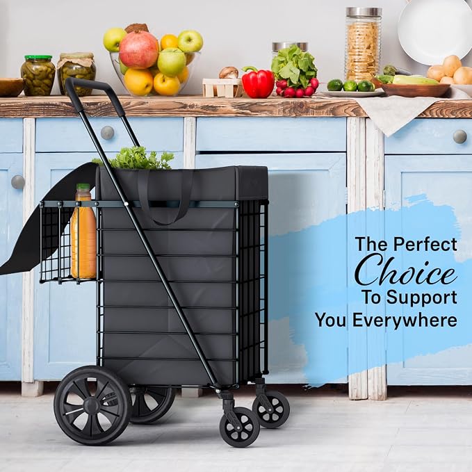 Shopping Cart w/Waterproof Basket Liner & 360° Swivel Wheels | Foldable - Image 6