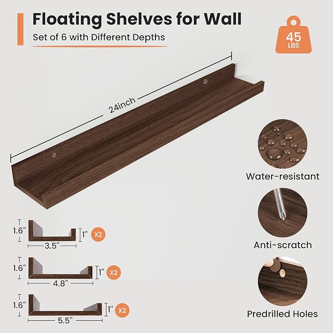 Fun Memories Picture Ledge Shelf, 24 Inch Long Floating Shelves Set of 6 - Image 3