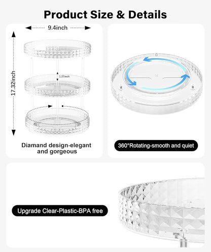 3Tier Diamond Lazy Susan Bathroom Countertop Organizer, 360° Clear Rotating - Image 2