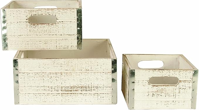 wald imports - Set of 3 Distressed White-Washed Wooden Crates by WaldImports