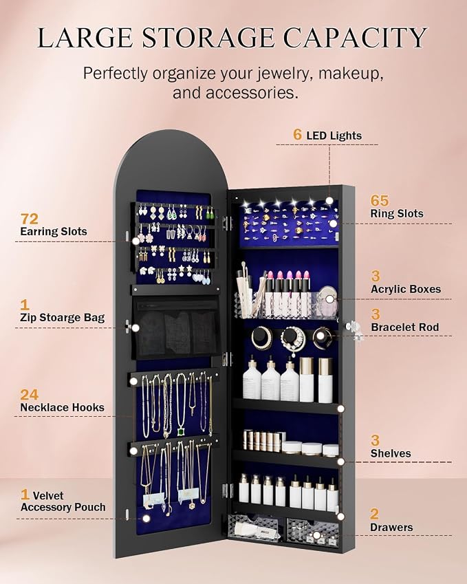 Jewelry Cabinet Organizer with Mirror, 47 inch Lockable Full-Length Mirror - Image 4