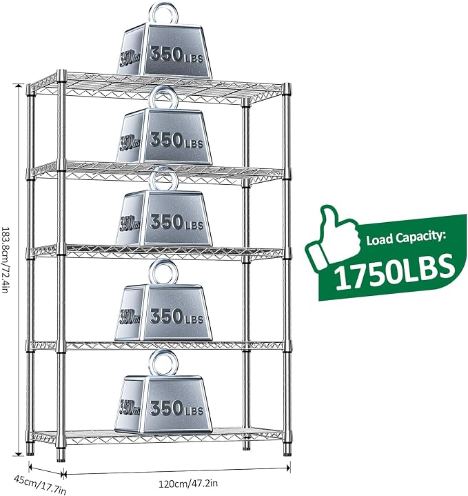 IZEUK 5-Tier Metal Storage Shelving Unit, Heavy Duty Chrome Wire Rack, - Image 3