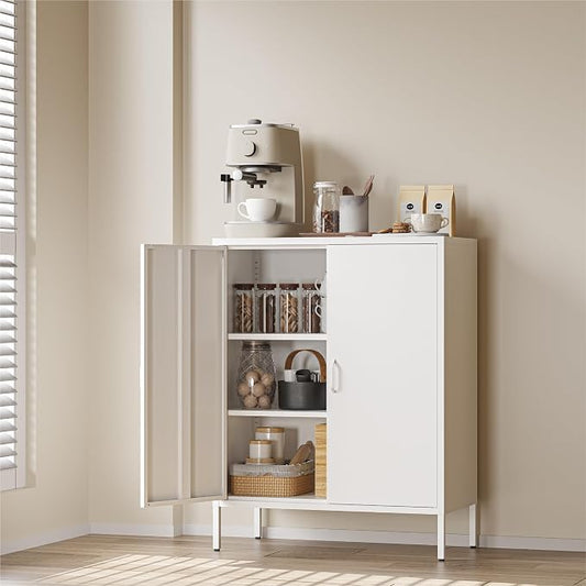 COFaR White Metal Storage Cabinet, 40” Kitchen Buffet & Coffee Bar Cabinet by COFAR