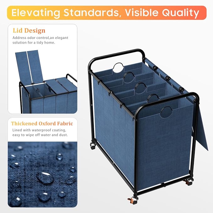 Laundry Sorter 4 Sections 48 Gal, Rolling Laundry Basket - Image 4
