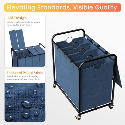 Laundry Sorter 4 Sections 48 Gal, Rolling Laundry Basket - Image 4
