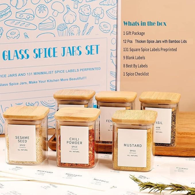 HHMJSM 12 Pcs Square Glass Spice Jars - 5oz Airtight Herb Containers with 148 - Image 2