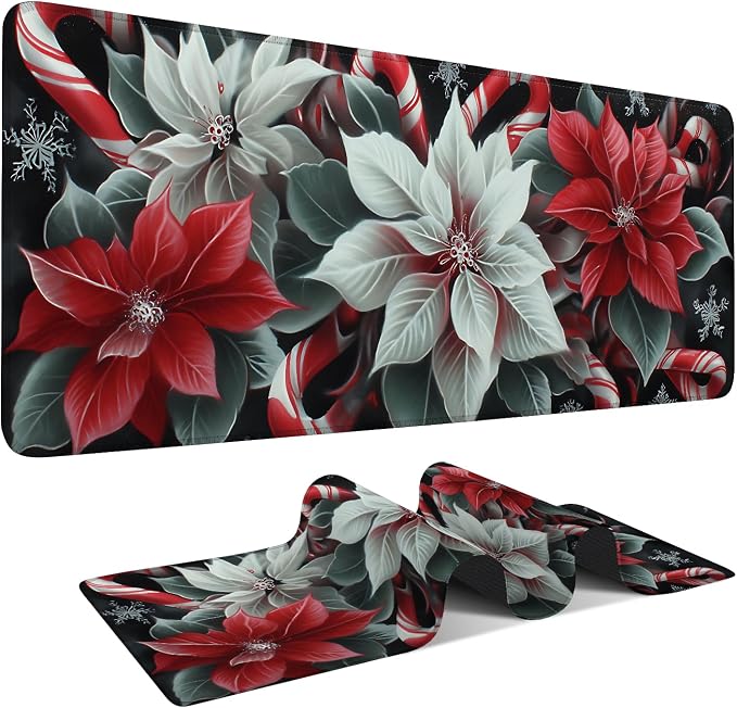 Christmas Flowers Gaming Mouse Pad 31.5"x11.8"Desk Mat Anti-Slip Rubber Base & by ANNAQUEEN