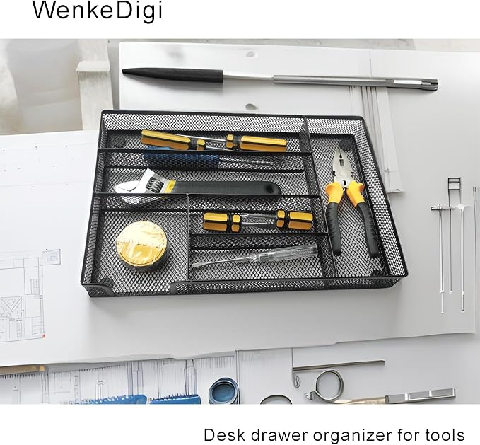 Metal Mesh Desk Drawer Organizer Tray, 6-Compartment Office Drawer Organizer - Image 8