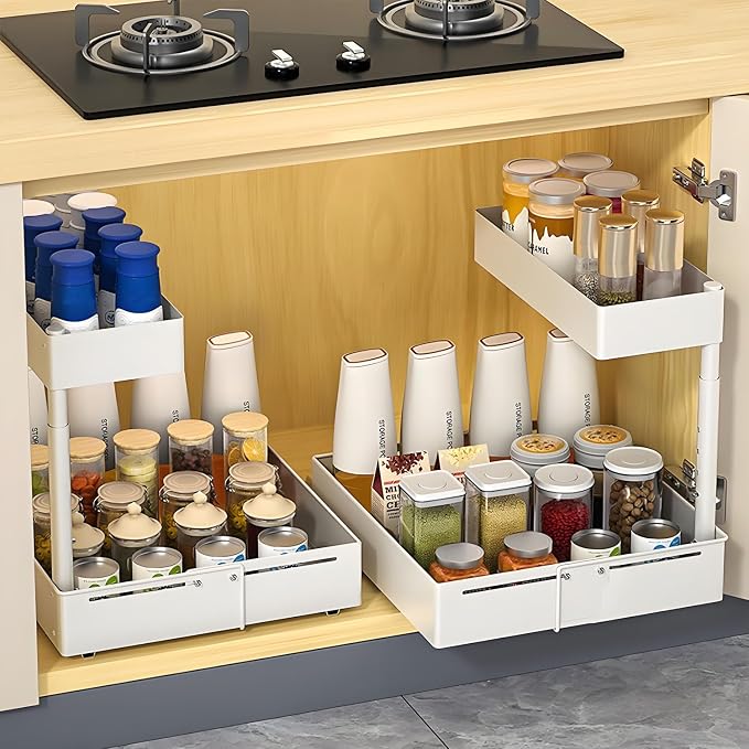 Under Sink Organiser, 2 Tier Pull Out Cabinet Organiser, Height Adjustable Out - Image 3