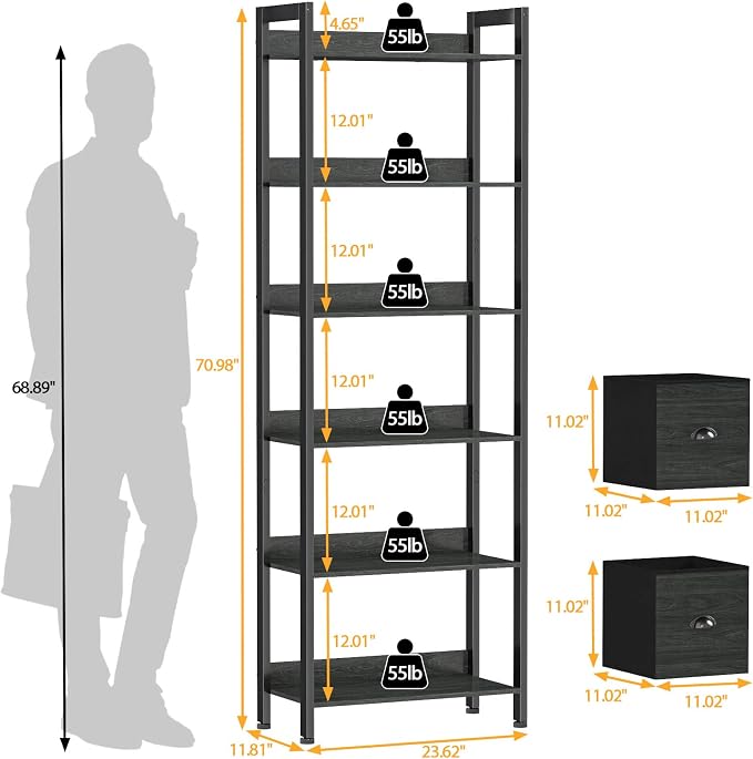 Furologee 6-Tier Bookshelf, Tall Bookcase - Image 3