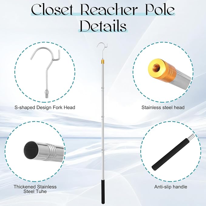 Clothes Hook Pole, Adjustable from 28" to 74", Closet Coat Rack Hook Rod | - Image 4