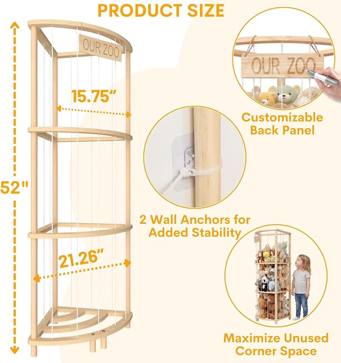 Corner Stuffed Animal Storage Tower, Large Wooden Plush Toy Storage Zoo - Image 3