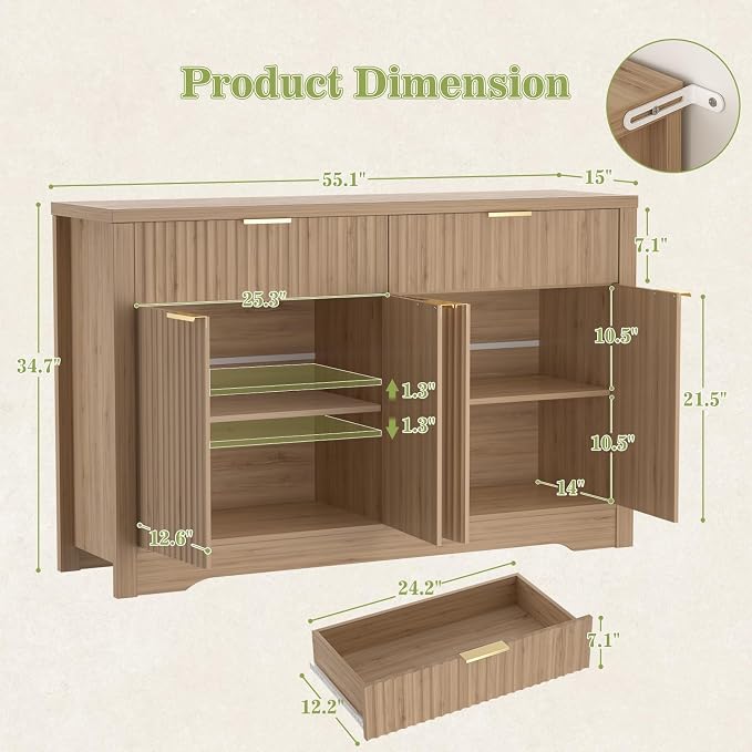 Cyclysio 55" Fluted Buffet Cabinet - Image 3
