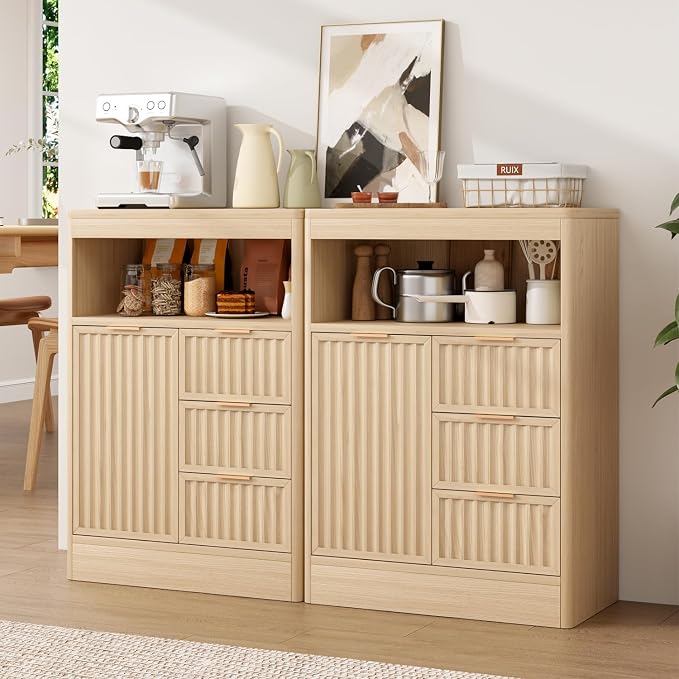 Coffee Bar Cabinet with Drawer, Fluted Buffet Sideboard Cabinet with 3 Drawers - Image 3