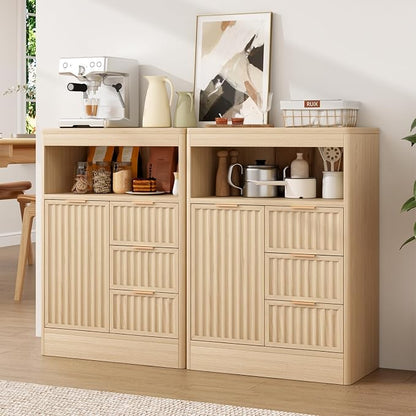 Coffee Bar Cabinet with Drawer, Fluted Buffet Sideboard Cabinet with 3 Drawers - Image 3