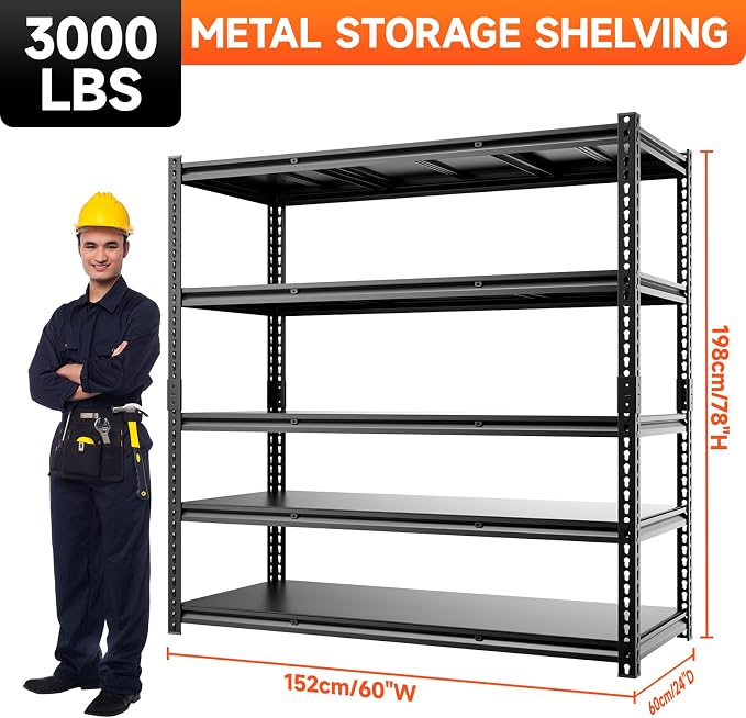 5 Tier 60”D X 24”W X 78”H Garage Shelves Heavy Duty 3000LBS Adjustable Metal - Image 3