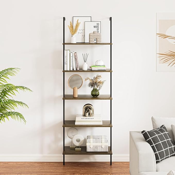 5 Tiers Ladder Shelf Brown Modern Bookshelf Open Tall Wall Mount Bookcase - Image 4