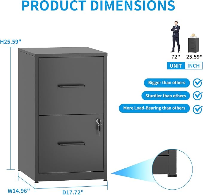2 Drawer File Cabinet, Metal Vertical Filing Cabinet Under Desk Storage - Image 3