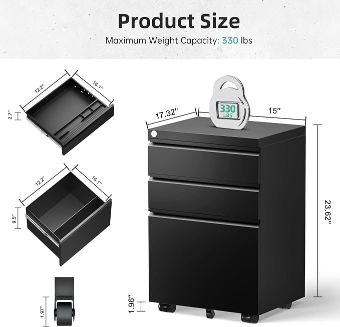 Bonusall 3 Drawer Black File Cabinet, Fully Assembled Metal Rolling Filing - Image 3