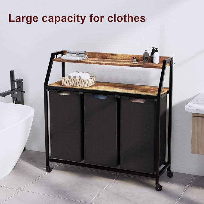 Laundry Hamper, Laundry Sorter 3 Section, Rolling Laundry Basket - Image 9