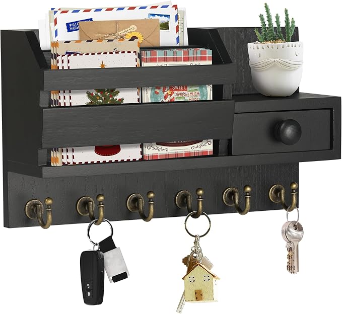 VIS'V Key Holder Wall Mount, Wooden Mail and Key Organizer, Small Shelf by VISV