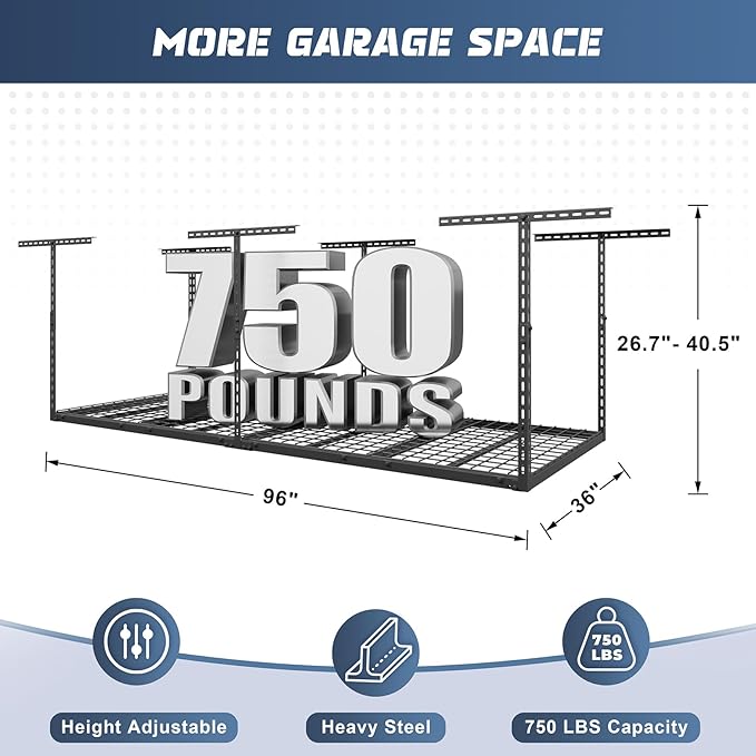 3X8FT Overhead Garage Storage Rack, Heavy Duty Metal Overhead Storage Organizer - Image 2