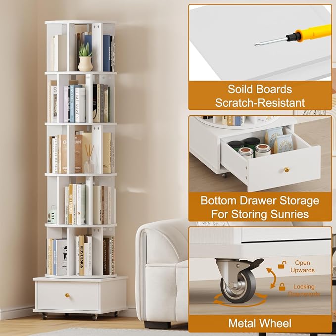 Rotating Bookshelf with Drawers on Lockable Wheels Wood White | 6 Tier Spinning - Image 5