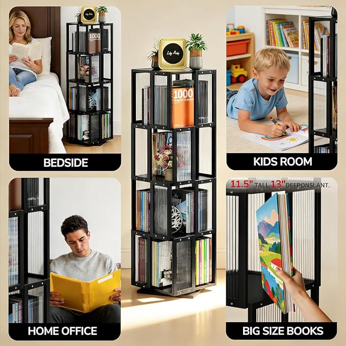 BAMEOS Rotating Bookshelf Tower 4 Tier, 360 Spinning Bookcase - Image 9