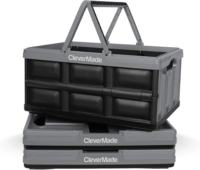 CleverMade Collapsible Shopping Basket, 3 Pack, Stone | Rigid walls support up by CleverMade