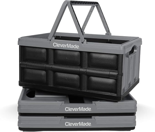 CleverMade Collapsible Shopping Basket, 3 Pack, Stone | Rigid walls support up by CleverMade