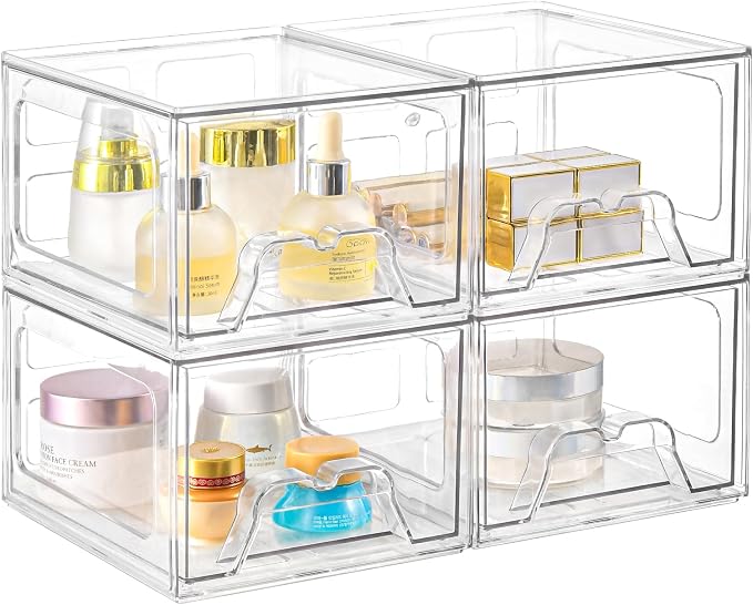 4 Pack Stackable Makeup Organizer, 4.4'' Tall Acrylic Bathroom Makeup Organizer by Stebopum